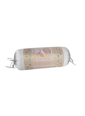 Lal Haveli Grey Color Peacock Design Silk Bolster Pillow Cover Sofa Decorations 30 x 15 Inch 2
