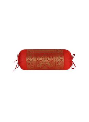 Lal Haveli Silk Fabric Elephant & Peacock Design Red Bolster Pillow Cover 30 x 15 Inch 1