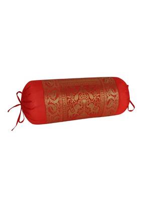 Lal Haveli Silk Fabric Elephant & Peacock Design Red Bolster Pillow Cover 30 x 15 Inch 2