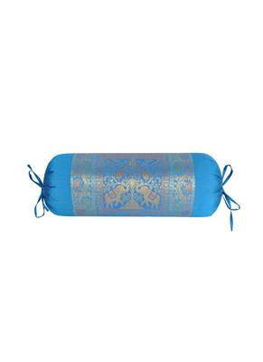 Lal Haveli Handmade Elephant Peacock Design Silk Fabric Round Bolster Pillow Cover 30 x 15 Inch 1