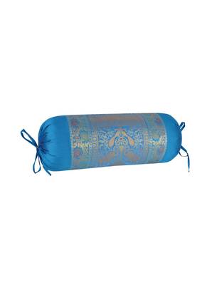 Lal Haveli Handmade Elephant Peacock Design Silk Fabric Round Bolster Pillow Cover 30 x 15 Inch 2