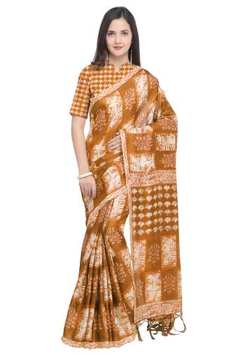 Mustard Printed Art Silk Saree With Blouse