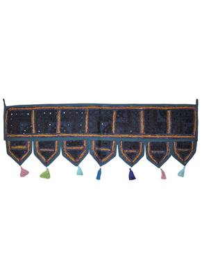Lalhaveli Ethnic Patchwork Mirror Work Cotton Door Hanging 42 By 16 Inches Blue 1