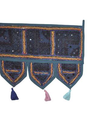 Lalhaveli Ethnic Patchwork Mirror Work Cotton Door Hanging 42 By 16 Inches Blue 4
