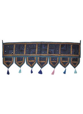 Lalhaveli Ethnic Patchwork Mirror Work Cotton Door Hanging 42 By 16 Inches Blue 1