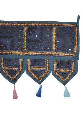 Lalhaveli Ethnic Patchwork Mirror Work Cotton Door Hanging 42 By 16 Inches Blue 4