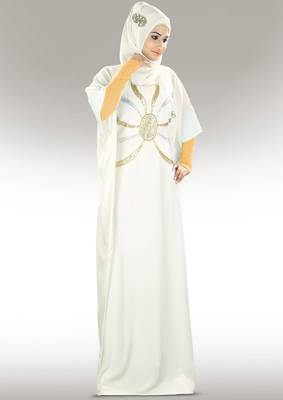 Off-White Crepe Embroidered Kaftan with Hijab  1