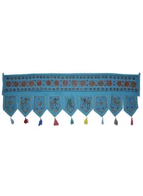 Indian Handmade Mirror Work Design Elephant Embroidery Cotton Door Topper Tap... 1