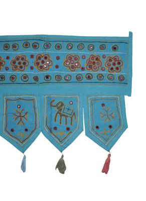 Indian Handmade Mirror Work Design Elephant Embroidery Cotton Door Topper Tap... 4