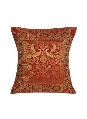 Lal Haveli Elephant & Peacock Design Square Silk Cushion Cover 16 x 16 inch 1