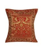 Lal Haveli Elephant & Peacock Design Square Silk Cushion Cover 16 x 16 inch