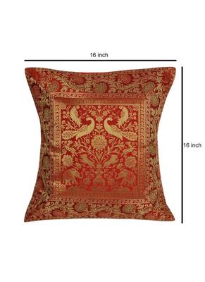 Lal Haveli Elephant & Peacock Design Square Silk Cushion Cover 16 x 16 inch 4