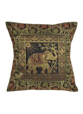 Lal Haveli Black Color Elephant Design Decorative Square Silk Cushion Cover 16 x 16 inch 1