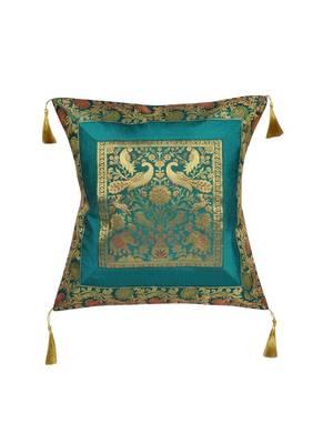 Lal Haveli Elephant & Peacock Design Silk Green Cushion Cover Decorative 18 x 18 inch 1