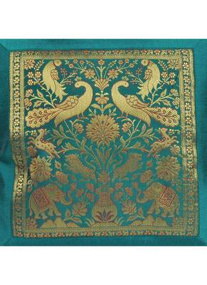 Lal Haveli Elephant & Peacock Design Silk Green Cushion Cover Decorative 18 x 18 inch 2