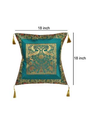 Lal Haveli Elephant & Peacock Design Silk Green Cushion Cover Decorative 18 x 18 inch 4
