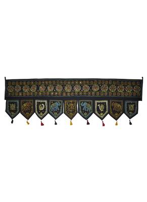 Rajasthani Handmade Mirror Work Design Cotton Door Window Valance 55 x 19 Inches 1