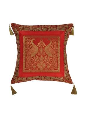Lal Haveli Rajasthani Handmade Elephant & Peacock Design Square Single Silk Cushion Cover 18 x 18 inch 1