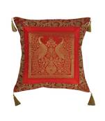 Lal Haveli Rajasthani Handmade Elephant & Peacock Design Square Single Silk Cushion Cover 18 x 18 inch