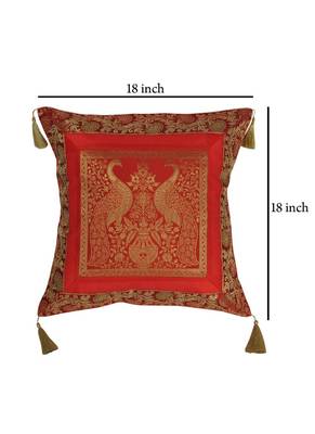 Lal Haveli Rajasthani Handmade Elephant & Peacock Design Square Single Silk Cushion Cover 18 x 18 inch 4