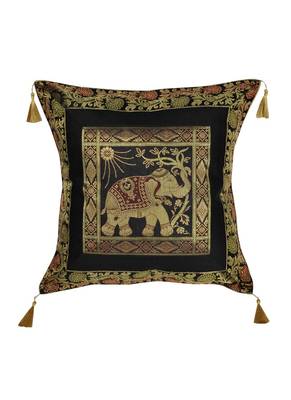 Lal Haveli Elephant Deisgn Silk Fabric Black Cushion Cover 18 x 18 Inch 1