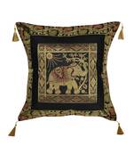 Lal Haveli Elephant Deisgn Silk Fabric Black Cushion Cover 18 x 18 Inch