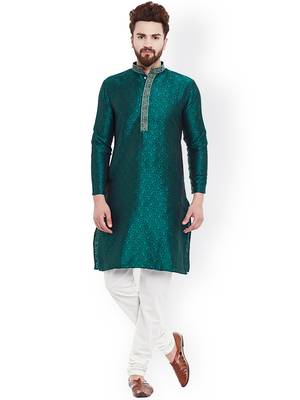 Green Plain Silk Blend Kurta Pajama 1