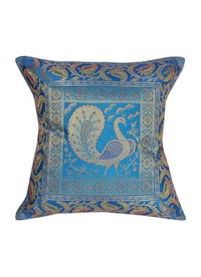 Lal Haveli Room Decorative Handmade Peacock Design Silk Cushion Cover 16 x 16 Inch 1