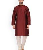 Maroon Plain Silk Blend Kurta Pajama