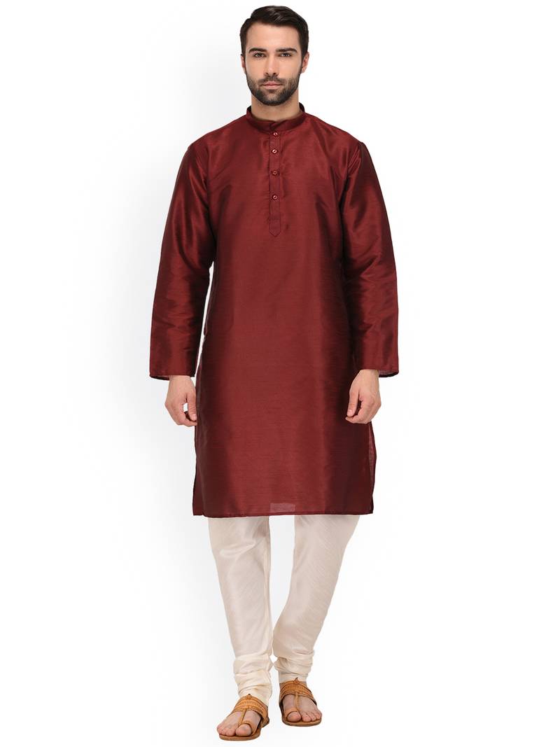 Maroon Plain Silk Blend Kurta Pajama