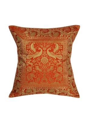 Lal Haveli Decorative Handmade Elephant Peacock Design Orange Color Silk Cushion Cover 16 x 16 Inch 1