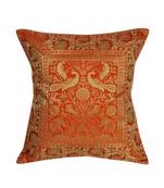 Lal Haveli Decorative Handmade Elephant Peacock Design Orange Color Silk Cushion Cover 16 x 16 Inch