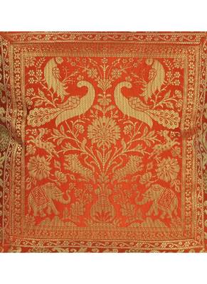 Lal Haveli Decorative Handmade Elephant Peacock Design Orange Color Silk Cushion Cover 16 x 16 Inch 2