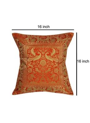 Lal Haveli Decorative Handmade Elephant Peacock Design Orange Color Silk Cushion Cover 16 x 16 Inch 4