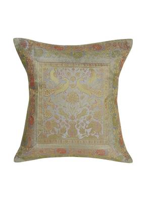 Lal Haveli Peacock & Elephant Design Grey Color Silk Throw Cushion Cover 16 x 16 Inch 1