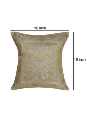 Lal Haveli Peacock & Elephant Design Grey Color Silk Throw Cushion Cover 16 x 16 Inch 4