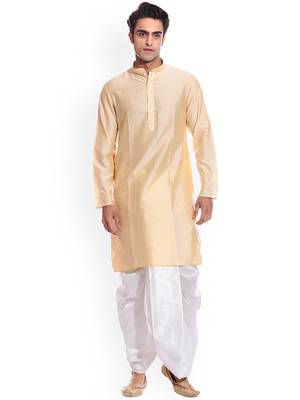 Gold Plain Silk Blend Dhoti Kurta 1