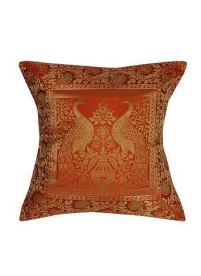 Lal Haveli Peacock Design Square Shape Silk Throw Pillow Cushion Cover 16 x 16 Inch 1