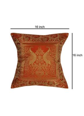 Lal Haveli Peacock Design Square Shape Silk Throw Pillow Cushion Cover 16 x 16 Inch 4