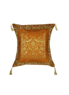 Lal Haveli Silk Fabric Elephant Peacock Design Square Shape Cushion Cover 18 x 18 Inch 1