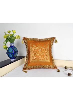 Lal Haveli Silk Fabric Elephant Peacock Design Square Shape Cushion Cover 18 x 18 Inch 4