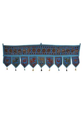 Traditional Handmade Mirror Work Design Embroidered Cotton Toran Hanging 56 X... 1