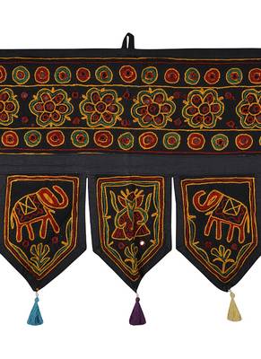 Ethnic Embroidered Mirror Work Design Cotton Door Hanging 56 X 18 Inches 2