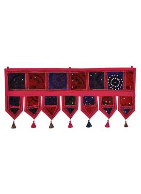 Lal Haveli Rajasthani Handmade Patchwork Design Embroidered Cotton Door Hanging 39 X 16 inches 1