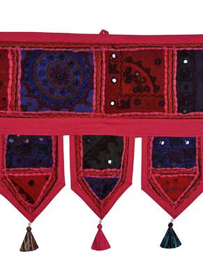 Lal Haveli Rajasthani Handmade Patchwork Design Embroidered Cotton Door Hanging 39 X 16 inches 2