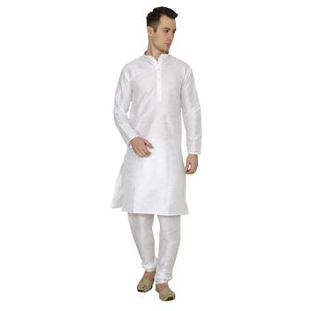 White Plain Dupion Silk Kurta Pajama 1