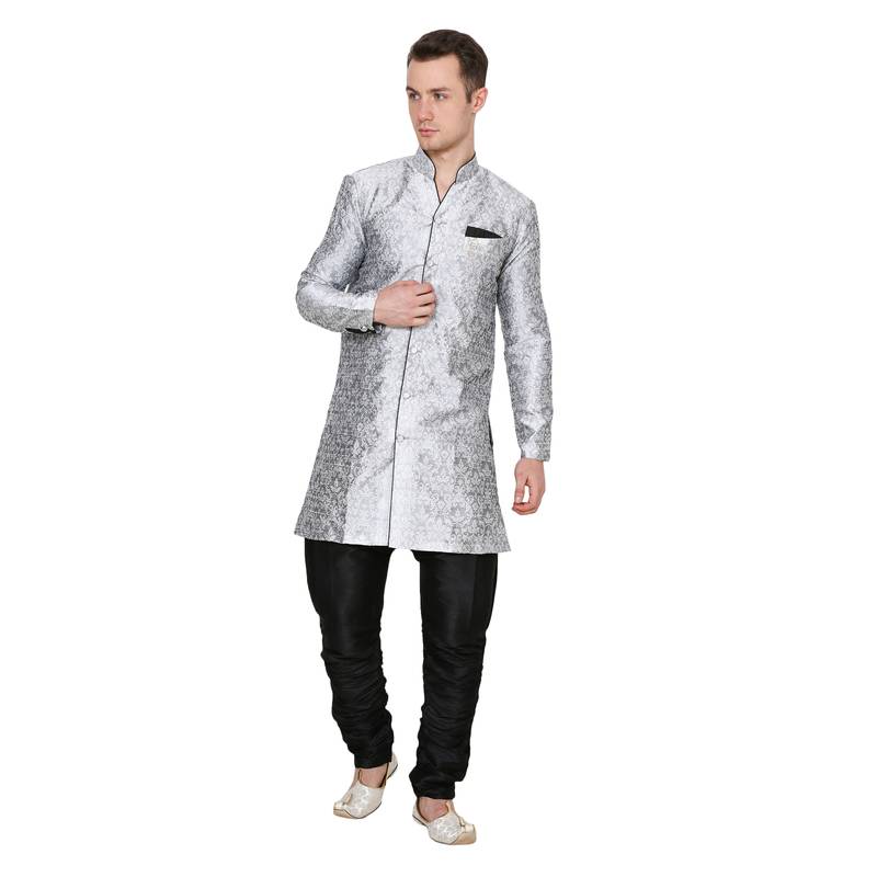 Silver Plain Dupion Silk Kurta Pajama