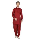 Maroon Plain Faux Cotton Pathani Suits