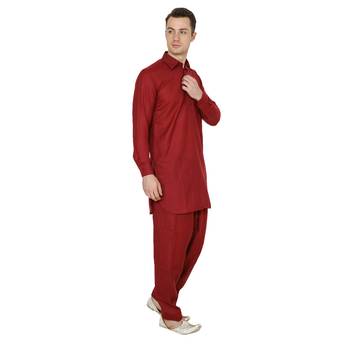 Maroon Plain Faux Cotton Pathani Suits 2