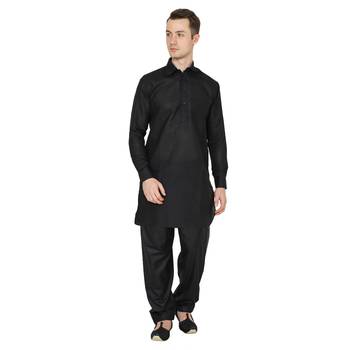 Black Plain Faux Cotton Pathani Suits 1
